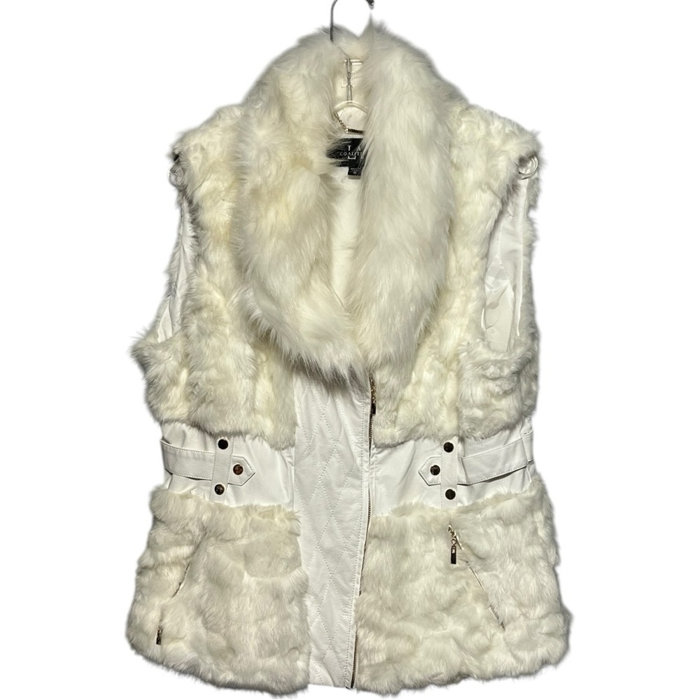 LA Coalition White Faux Fur Vest Full Zipper Faux Leather Sleeveless Jacket 1X